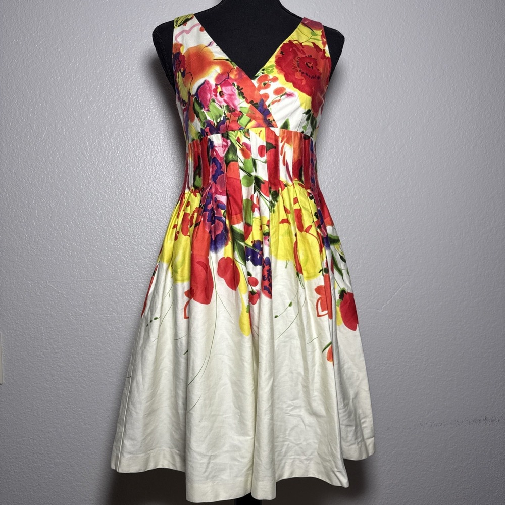 Vtg Eliza‎ J Floral Printed Fit and Flare Box Pleated Sleeveless Dress Size 4